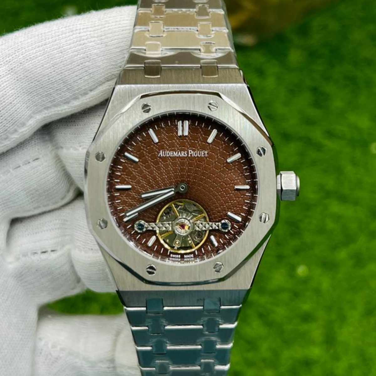 AP|Open Heart Model|Silver Chain|Brown Dial|