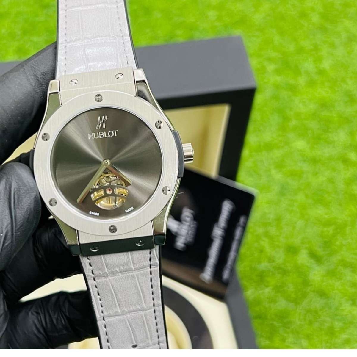 Hublot Auto|Silver Case|Silver Strap|Grey Dial|Open Heart|