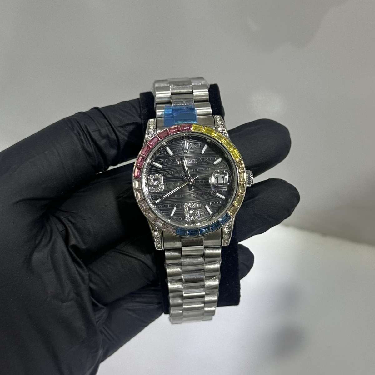 Rolex Womens Rainbow Bezel Grey Dial