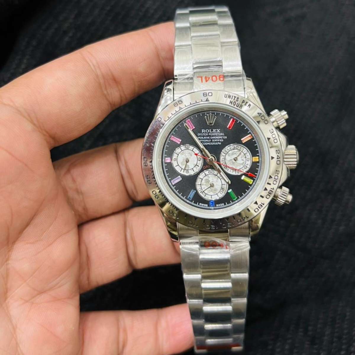 Rolex Daytona|Silver Chain|Black Dial|Rainbow Model|