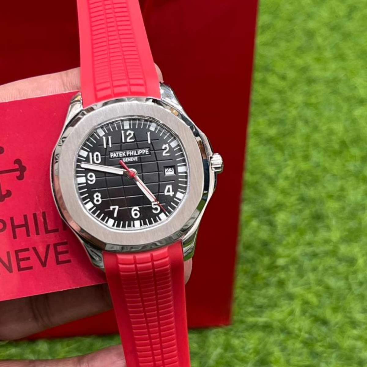 Patek Phillipe Aquanaut|Red Strap|Silver Case|