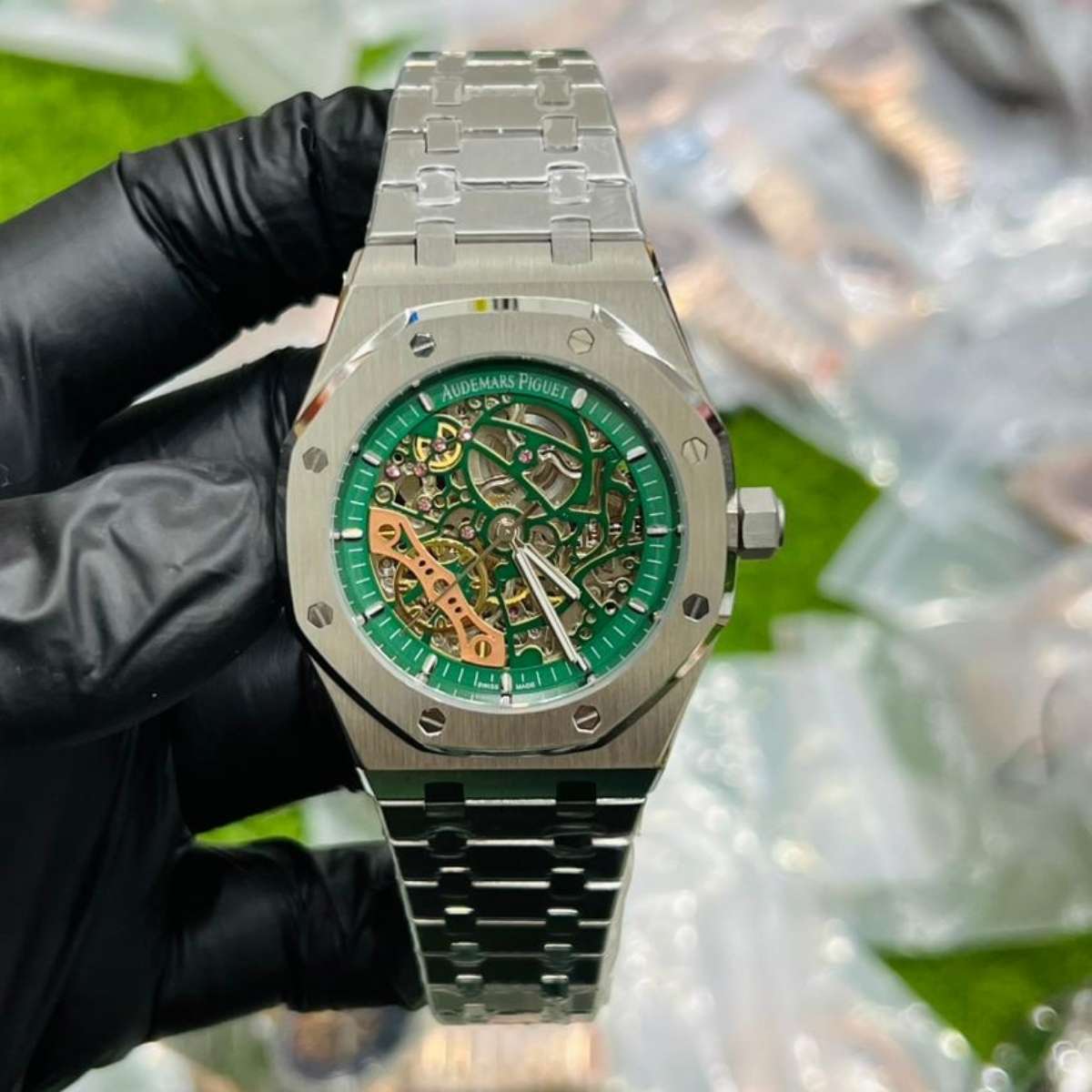 AP Skeleton|Silver Chain|Green Dial|