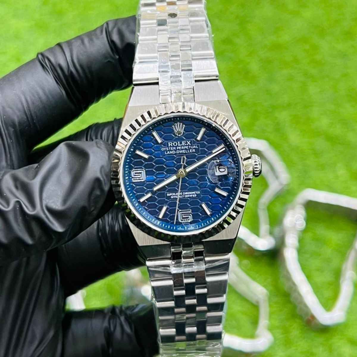 Rolex Land-Dweller|Silver Chain| Navy Blue Dial|