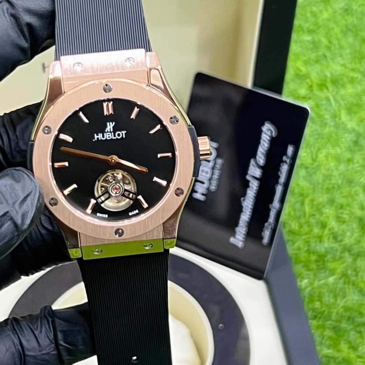 Hublot Auto|Rose Case|Black Strap|Black Dial|