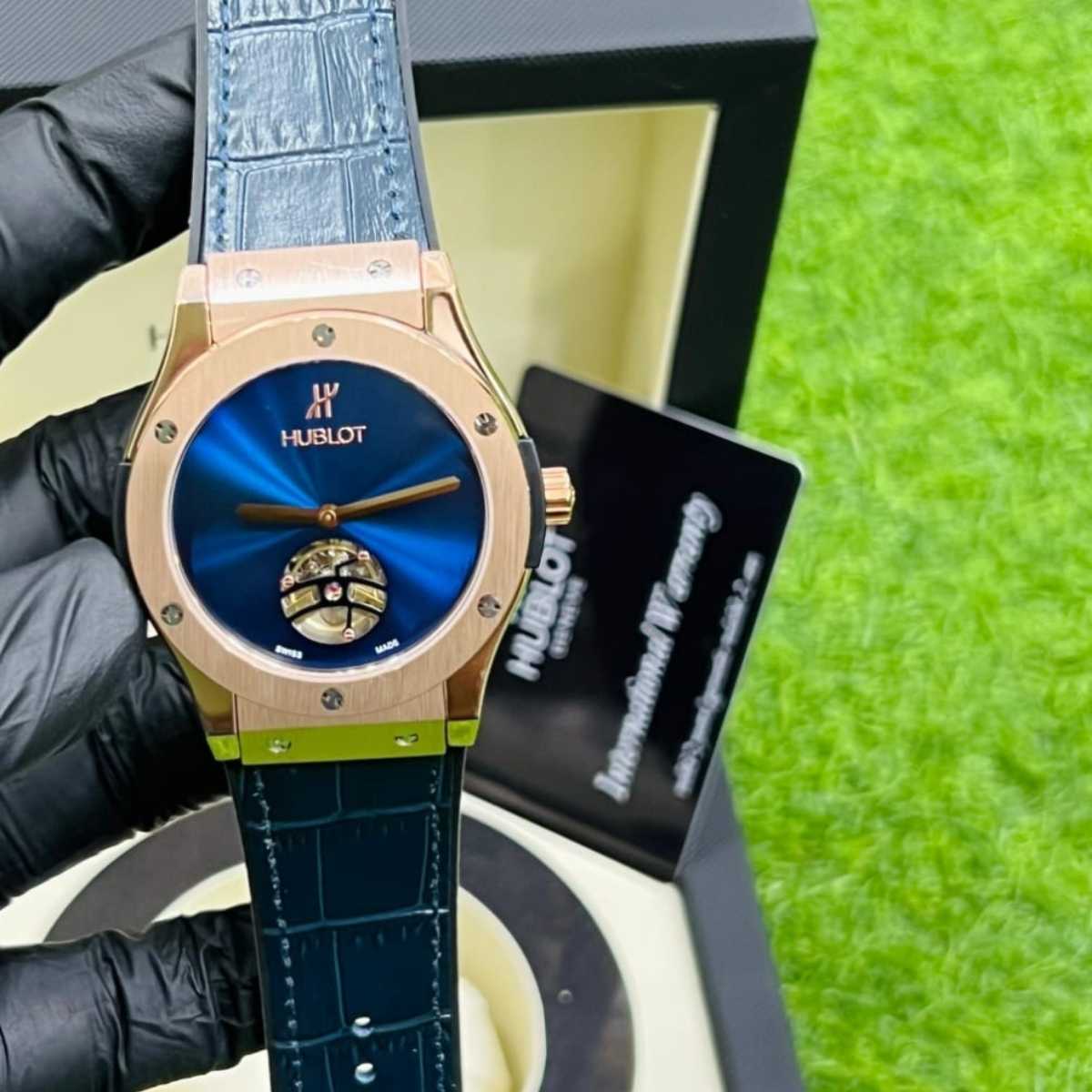 Hublot Auto|Rose Case|Blue Strap|Blue Dial|Open Heart|